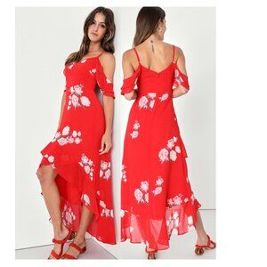 Lulus Love in Bloom Red Floral Print Off-the-Shoulder High-Low Dress Small NWT